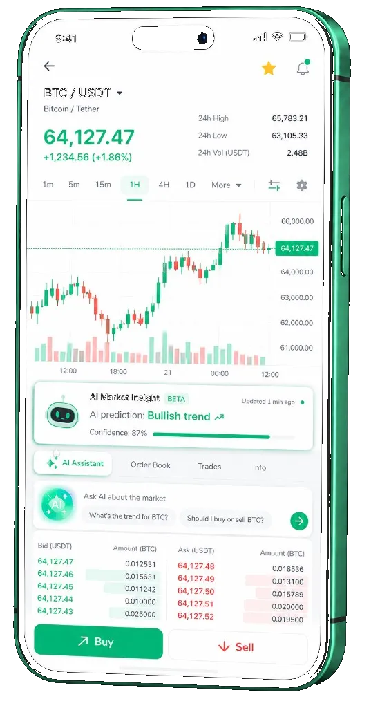 Frost Trustvale trading platform on mobile — live BTC/USDT chart, order book, and buy/sell interface